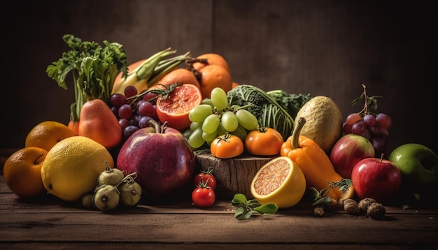 Abundância de frutas e vegetais frescos na mesa gerada por IA