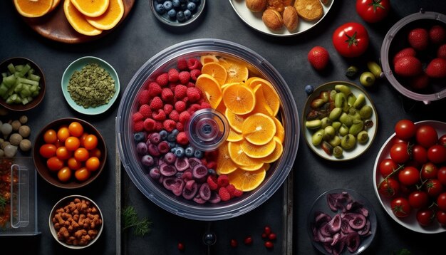 Abundância de frutas frescas em tigela de madeira gerada por IA