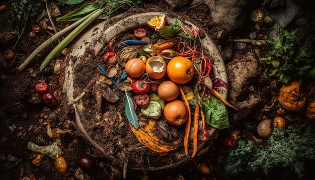 Abundância de vegetais orgânicos frescos em cesta rústica gerada por IA