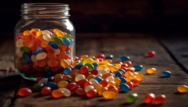 Abundancia de dulces que se derraman del frasco generado por IA