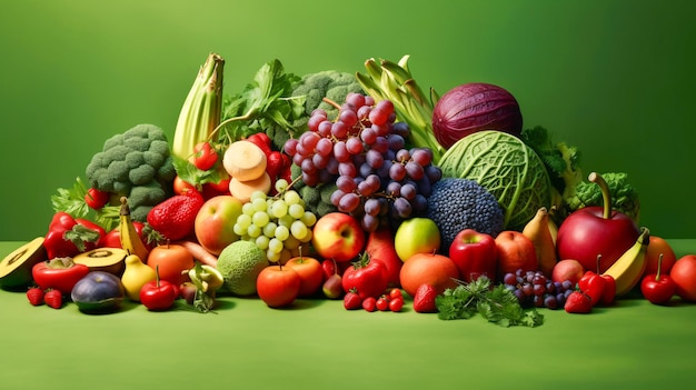 Abundancia de frutas y verduras en una superficie verde Una perspectiva de IA generativa