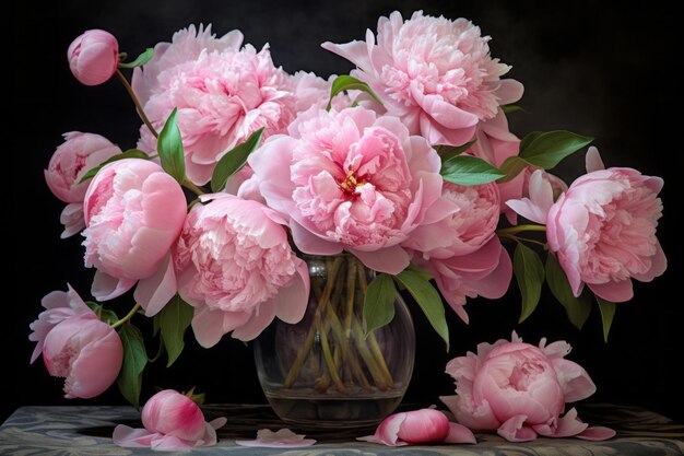 Foto una abundancia de peonías rosadas en un inmaculado jarrón de vidrio