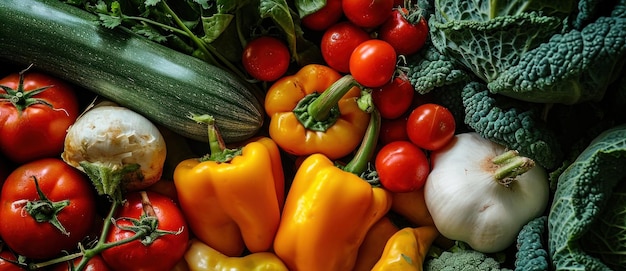 Una abundancia de verduras frescas tomates pimientos calabacín y verduras de hojas que ofrecen un banquete de colores vibrantes y salud