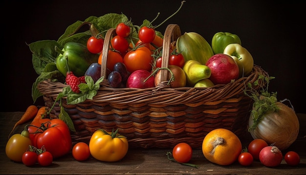 Abundancia de verduras orgánicas frescas en cesta de mimbre generada por IA