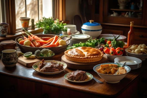 Abundante banquete casero colores apetitosos cocina acogedora generativa IA