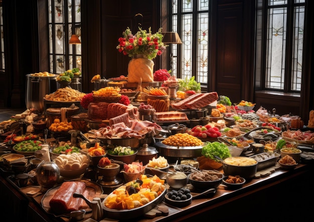 Un abundante brunch buffet en un hotel de lujo