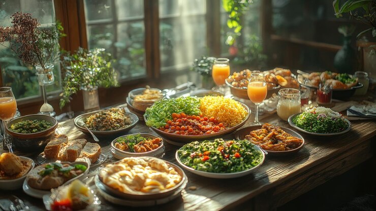 Abundante buffet con diversos platos en una mesa de madera junto a una ventana soleada