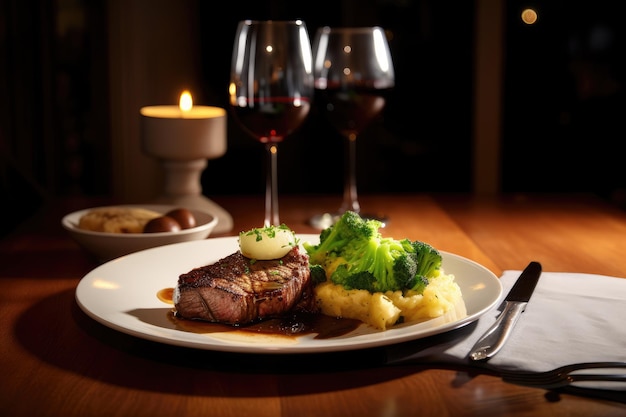 Abundante cena de bistec y papas con guisantes verdes, pan de maíz y una copa de vino tinto