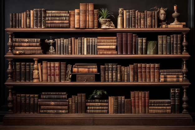 Abundante coleção de livros antigos em prateleiras de madeira