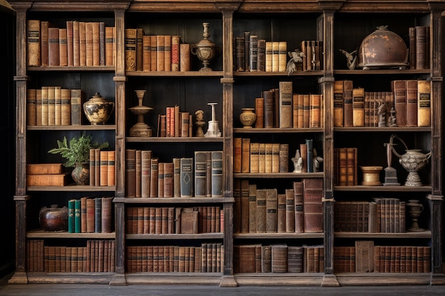 Abundante coleção de livros antigos em prateleiras de madeira