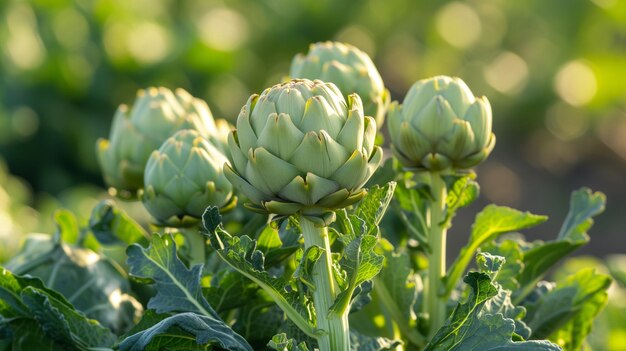 Foto abundante colheita de alcachofras numa plantação afundada no verão