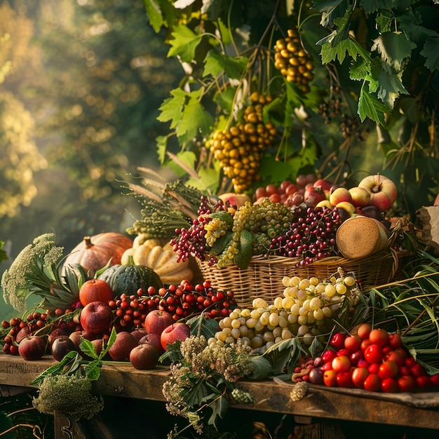 Abundante colheita Variedade de frutas e legumes frescos na mesa