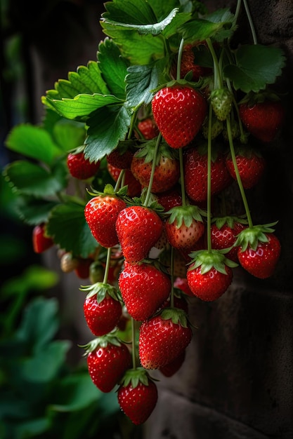Abundante cosecha de fresas rojas en la pared de un patio