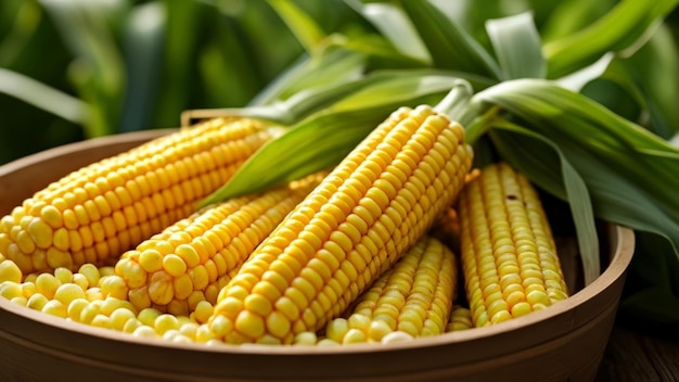 Abundante cosecha de maíz fresco en la mazorca