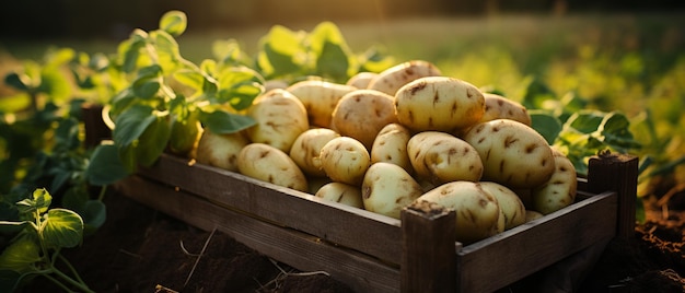 Foto abundante cosecha con patatas en una caja de madera