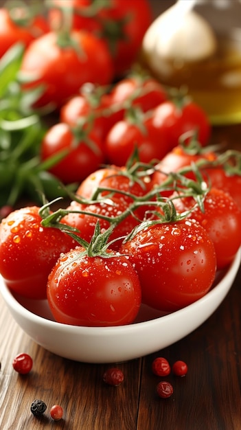 Foto abundante cuenco blanco lleno de tomates frescos