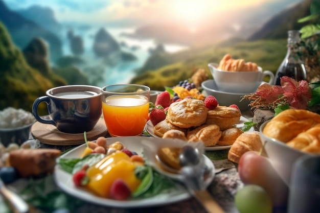 Un abundante desayuno para una composición natural con un hermoso paisaje alpino de fondo