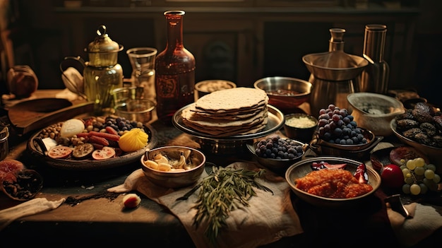 Abundante variedad de alimentos variados en la Pascua de mesa de madera