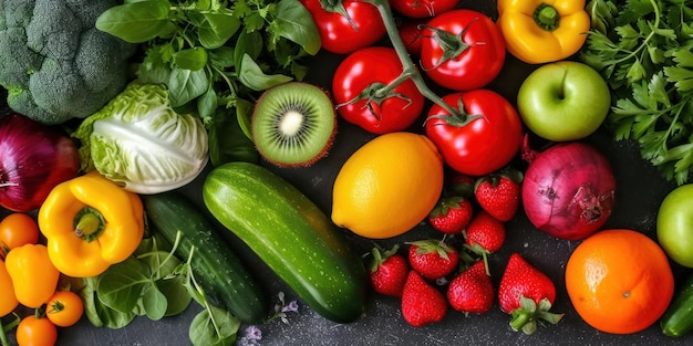 Foto abundante variedad de frutas y verduras en una mesa.