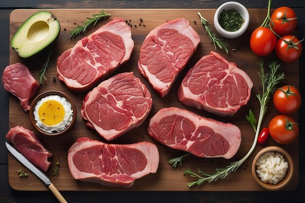 Abundantes fatias de carne bovina em mesa rústica IA gerativa