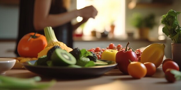 Abundantes frutas y verduras y chef borroso en el fondo