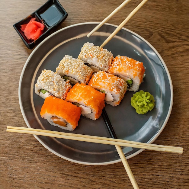 aburi sushi en un plato con palillos