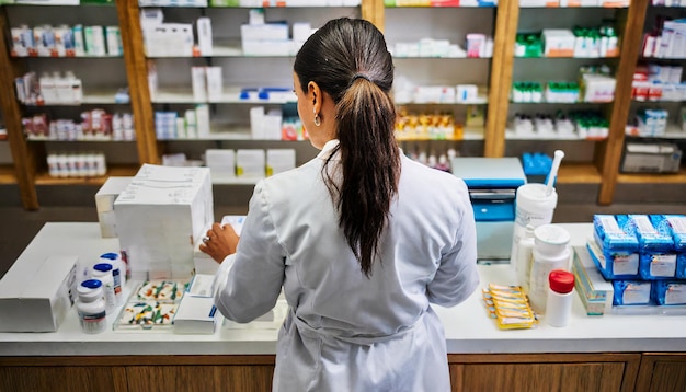 Foto abwärts blick auf eine apothekerin an einer theke, die zurückgedreht wurde, während sie medikamente organisierte, um sicherzustellen...