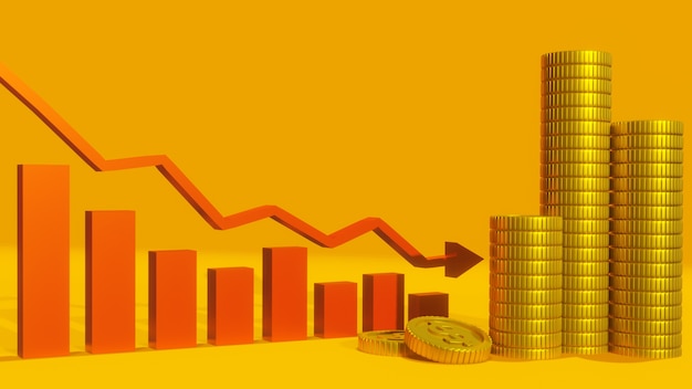 Abwärtstrend von Münzen und roten Graphen, Design von Geschäfts-, Finanz- und Investitionshintergründen