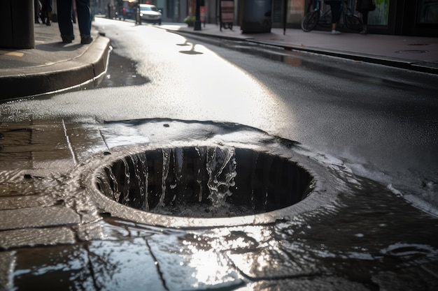 Abwasser läuft aus dem Schacht über und läuft auf den Bürgersteig