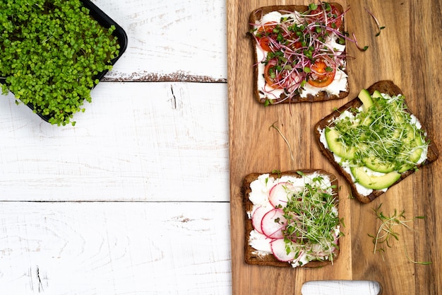 Abwechslungsreiche Frühstücksvorspeise Vollkornbrot Sandwiches Toaster mit Frischkäse Rettich Avocado