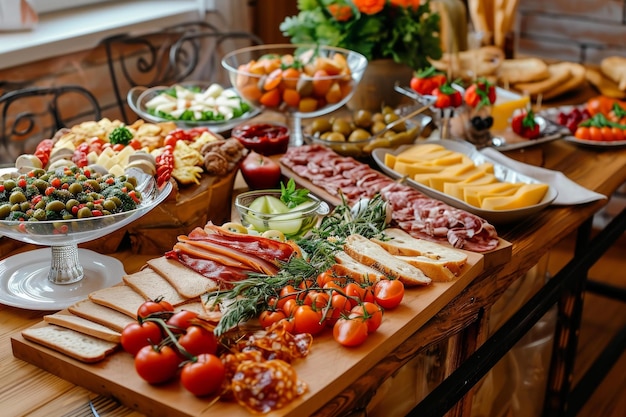 Foto abwechslungsreiche vorspeisen, snacks, teller, tisch, generieren sie ai