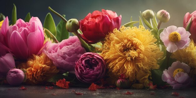 Abwechslungsreicher Blumenstrauß im farbenfrohen Frühlingsbanner zum Muttertag