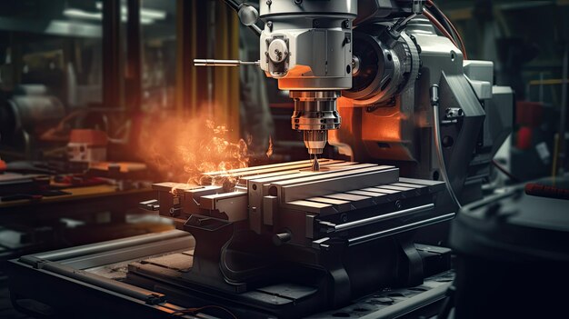 Foto acabado de metal trabajando en una máquina de molienda de alta precisión en un taller que destaca la precisión y la artesanía involucradas