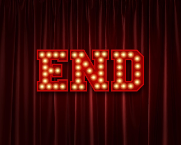 Foto acabar com a palavra de letras de lâmpada contra uma cortina de teatro vermelha 3d rendering