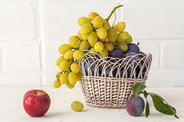Acabei de colher ameixas maduras e um cacho de uvas brancas maduras em uma cesta de vime uma maçã