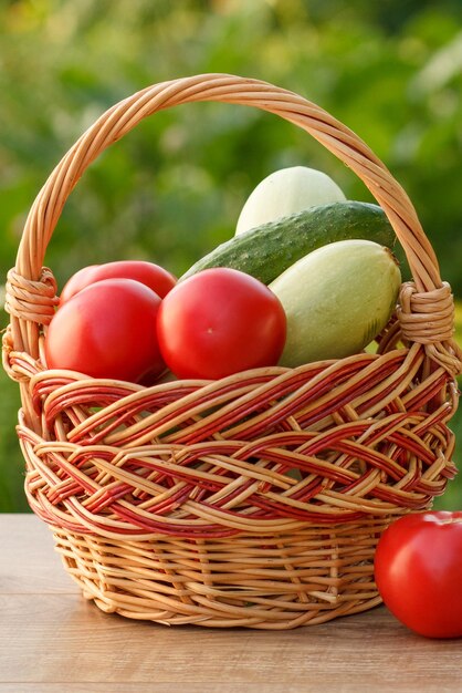 Acabei de colher tomates de abobrinha e pepino em uma cesta de vime em fundo verde natural