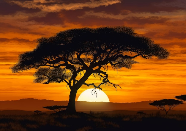 Acacia-Baum beim Sonnenuntergang in Afrika Schöner Sonnenundergang hinter einem majestätischen Baum