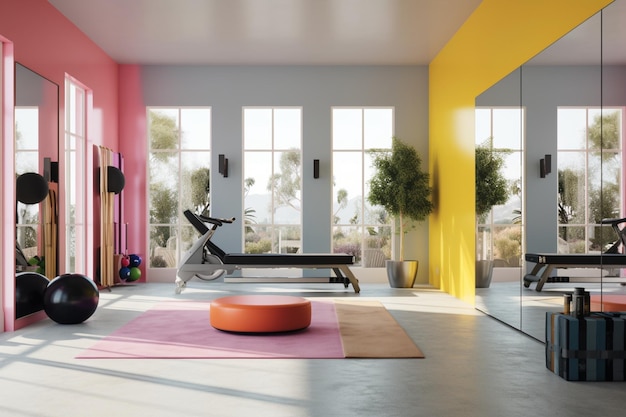 Academia em casa com equipamentos de ginástica inspirados em Bauhaus, paredes espelhadas e uma paleta de cores vibrantes