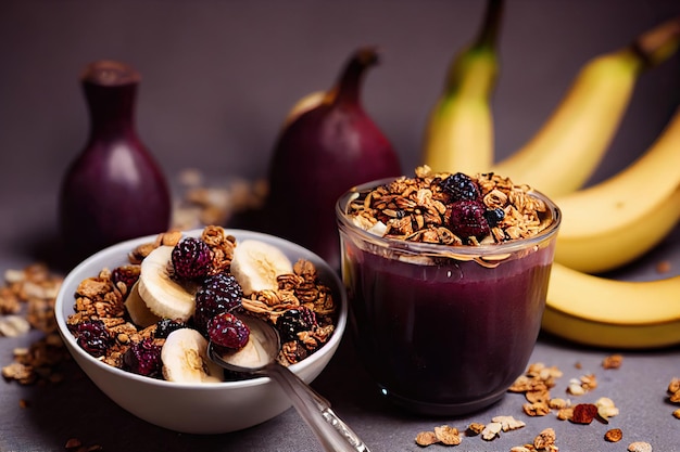 Açaí Bowl mit Müsli, tropischen Früchten, Banane, Erdbeere, Himbeere, Kondensmilch und Cerealien. Selektiver Fokus. Nahansicht.