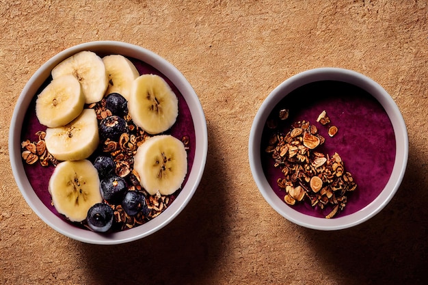 Açaí Bowl mit Müsli, tropischen Früchten, Banane, Erdbeere, Himbeere, Kondensmilch und Cerealien. Selektiver Fokus. Nahansicht.