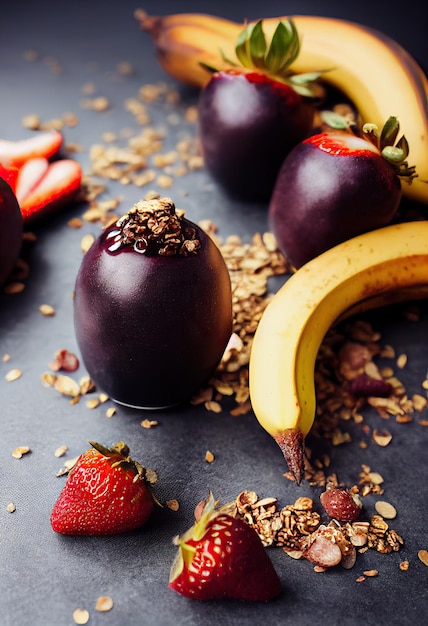 Açaí Bowl mit Müsli, tropischen Früchten, Banane, Erdbeere, Himbeere, Kondensmilch und Cerealien. Selektiver Fokus. Nahansicht.