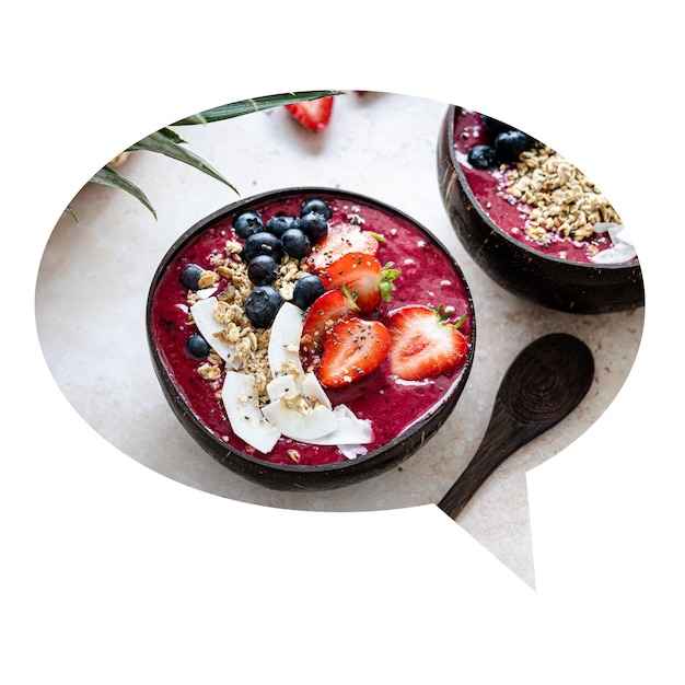 Acai bowl png badge sticker comida saudável foto em fala bolha fundo transparente