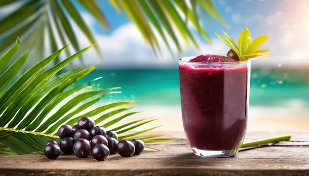 Acai-Saft in einem Glas mit Strandhintergrund