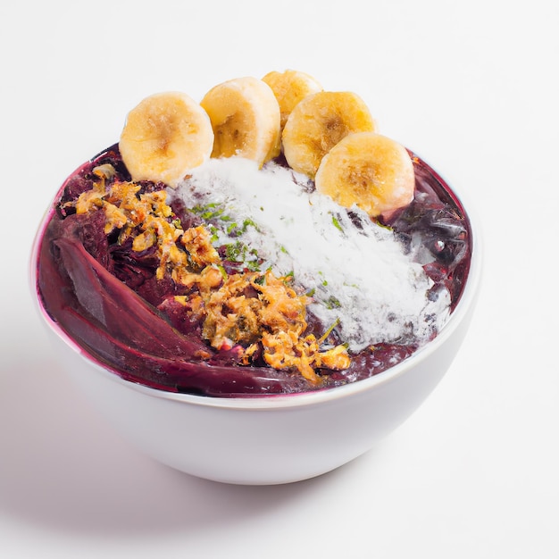 Acai-Schüssel mit Müsli, tropischen Früchten, Banane, Himbeere, Kondensmilch und Müsli Nahaufnahme 3D-Darstellung