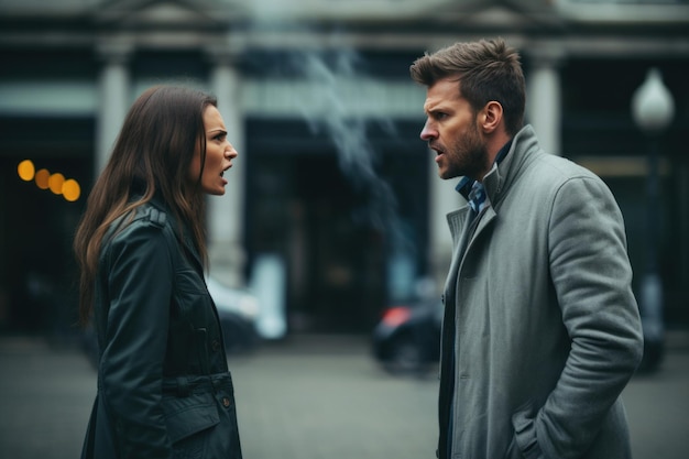 Foto una acalorada discusión se desarrolla en una calle de la ciudad entre un hombre y una mujer que muestran la discordia de la relación