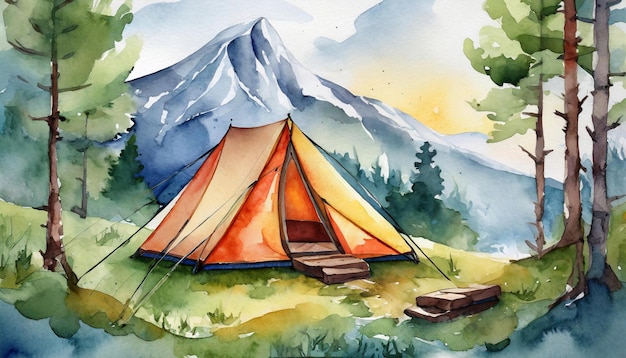 Foto acampada de acuarela y vista del paisaje bosque y montañas tienda de campamento actividades al aire libre