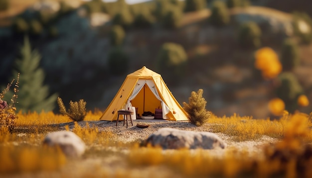 Acampada mínima en la naturaleza Concepto miniatura realista Renderizado en ultra alta calidad 8K