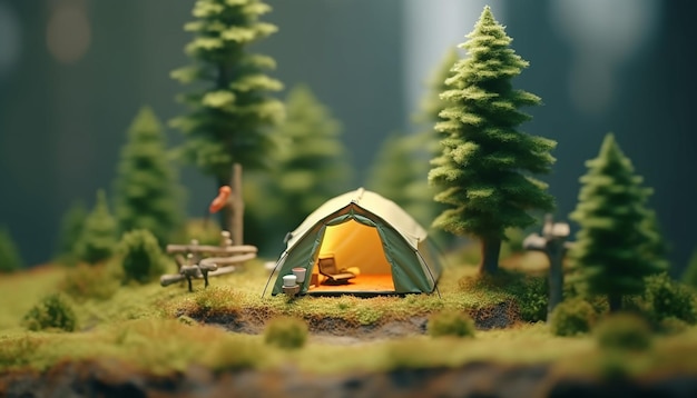Acampada mínima en la naturaleza Concepto miniatura realista Renderizado en ultra alta calidad 8K