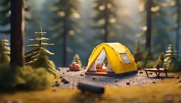 Acampada mínima en la naturaleza Concepto miniatura realista Renderizado en ultra alta calidad 8K