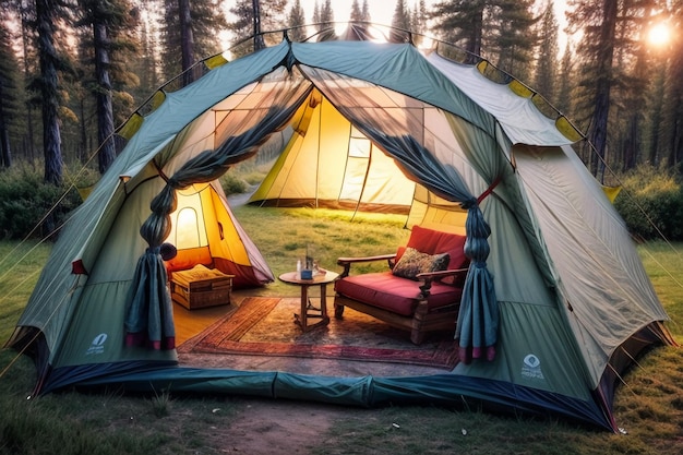 Acampamento ao ar livre viagem de tenda relaxar descanso instalar tenda na floresta